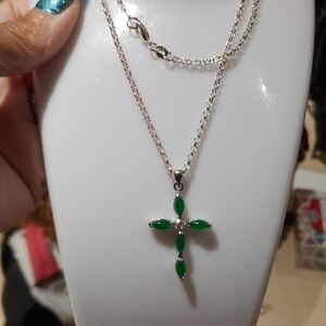 Elegant Jade & Crystal Cross Pendant Necklace Rhodium Plated Never To Tarnish
